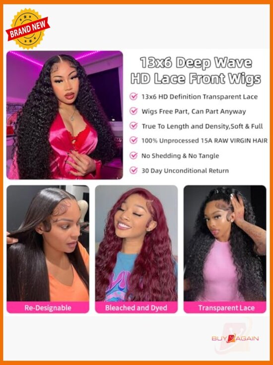 Deep Wave Lace Front Wig 13x6 HD 250 Density 100% Human Hair Full Head